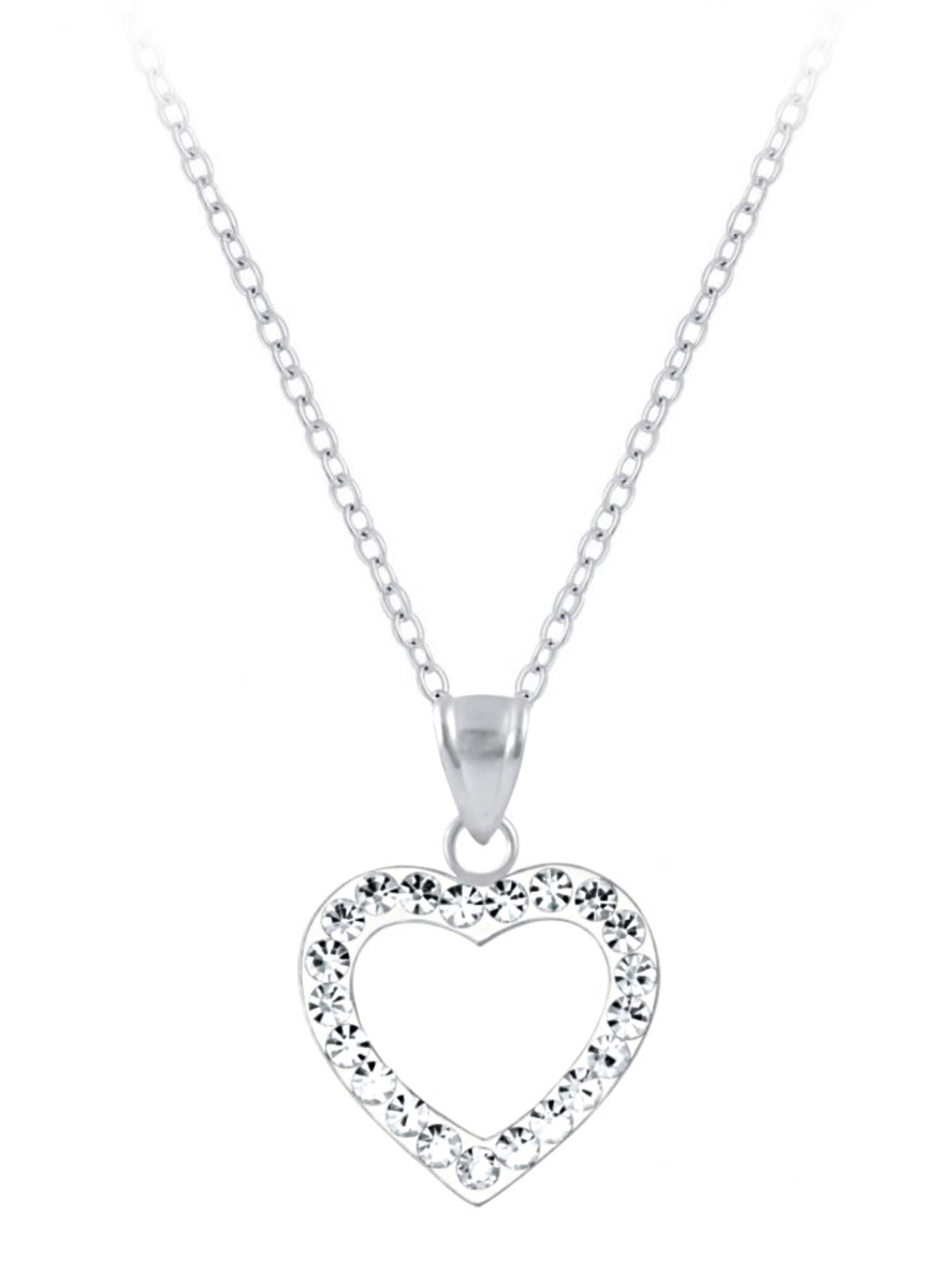 925 Sterling Silver Crystal Open Heart Necklace For Kids, Teens