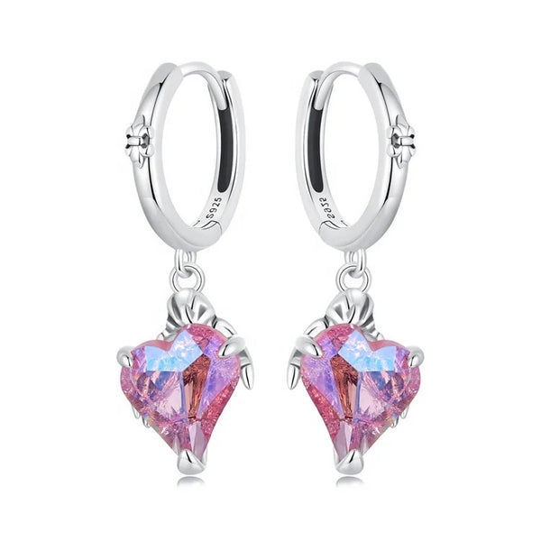 925 Sterling Silver Rhodium Plated Heart Pink Crystal Stones Huggie Earrings for Kids & Teens