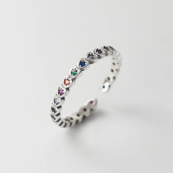 925 Sterling Silver Rainbow Heart CZ Stones Ring for Kids & Teens