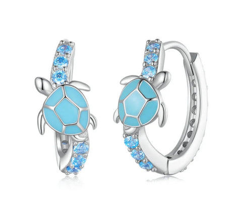 925 Sterling Silver Blue CZ Stones Turtle Huggie Hoop Earrings for Toddler Kids & Teens