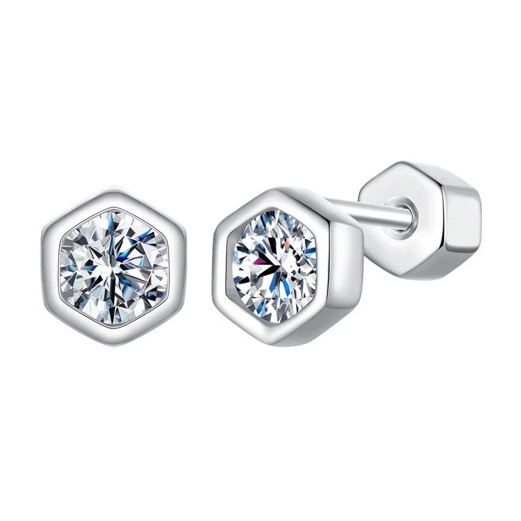 925 Sterling Silver Rhodium Plated 3ct. Moissanite Diamond Hexagon ScrewBack Earrings For Baby, Kids, Teens