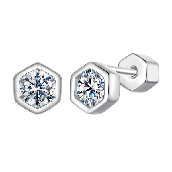 925 Sterling Silver Rhodium Plated 3ct. Moissanite Diamond Hexagon ScrewBack Earrings For Baby, Kids, Teens
