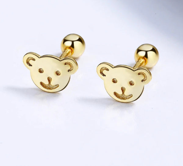 925 Sterling Silver 18K Gold Plated Bear Screw Back Earrings for Baby Kids & Teens