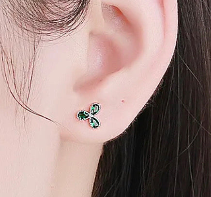 925 Sterling Silver Rhodium Plated Three Leaf Clover Green CZ Stones Screw Back Earrings for Baby Kids & Teens