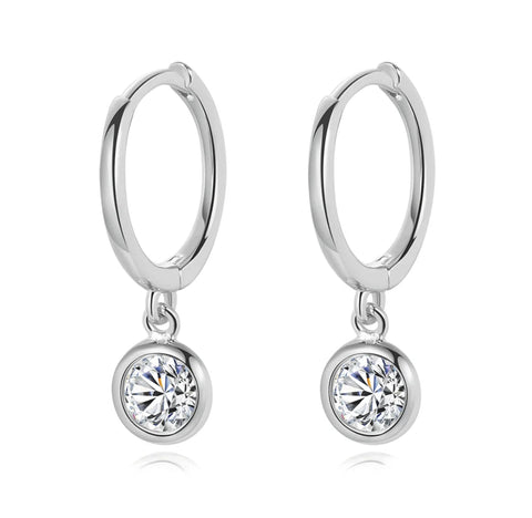 925 Sterling Silver Rhodium Plated Solitaire CZ Stones Huggie Earrings for Kids & Teens