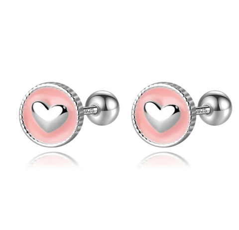 925 Sterling Silver Platinum Plated Pink Enamel Heart Screw Back Earrings for Baby Kids & Teens