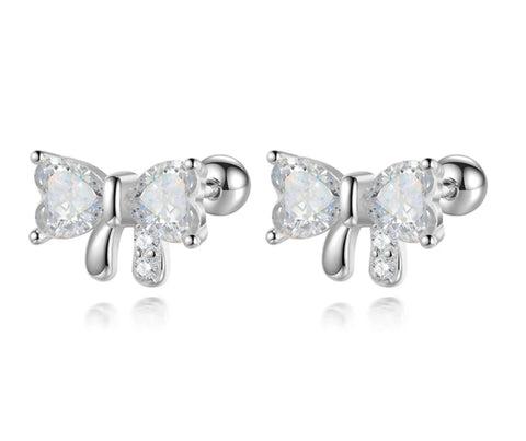 925 Sterling Silver Rhodium Plated Clear CZ Stones Bow Screw Back Earrings for Baby Kids & Teens