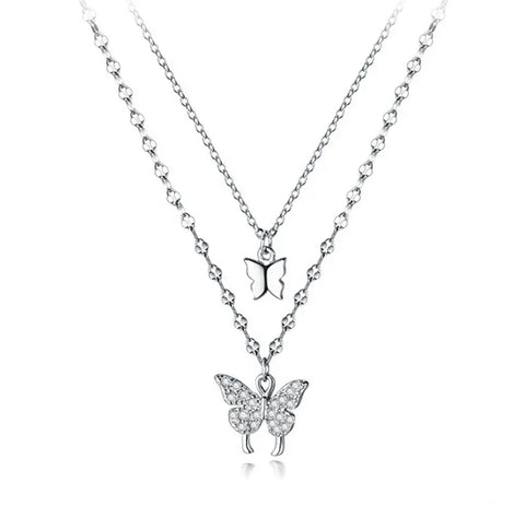925 Sterling Silver Rhodium Plated Double Charm & Chain Pavè CZ Stones Butterfly Necklace for Kids & Teens