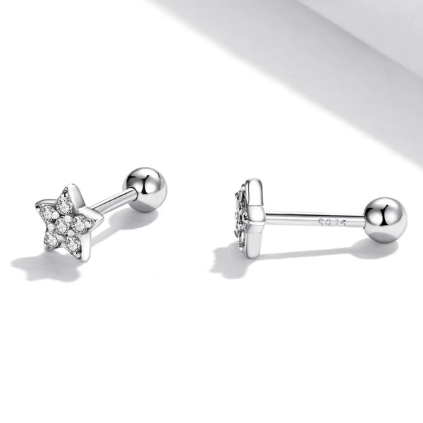 925 Sterling Silver Platinum Plated Pave CZ Stones Star Screw Back Earrings for Baby, Kids & Teens