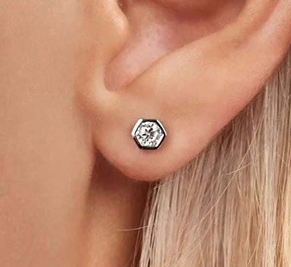 925 Sterling Silver Rhodium Plated 3ct. Moissanite Diamond Hexagon ScrewBack Earrings For Baby, Kids, Teens