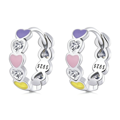 925 Sterling Silver Platinum Plated Enamel with CZ Stones Heart Huggie Earrings For Baby Kids & Teens