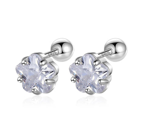 925 Sterling Silver Rhodium Plated 6 mm Clear CZ Stones Screw Back Earrings For Baby, Kids, Teens