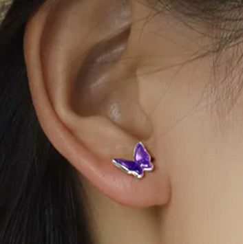 925 Sterling Silver Rhodium Plated Purple Enamel Butterfly Screw Back Earrings for Toddler Kids & Teens