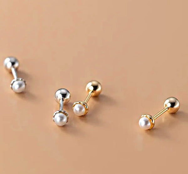 925 Sterling Silver Rhodium Plated Small Flower Pearl Screw Back Earrings for Baby Kids & Teens