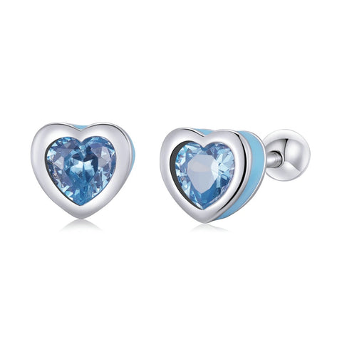 925 Sterling Silver Blue Enamel CZ Stones Heart Screw Back Earrings