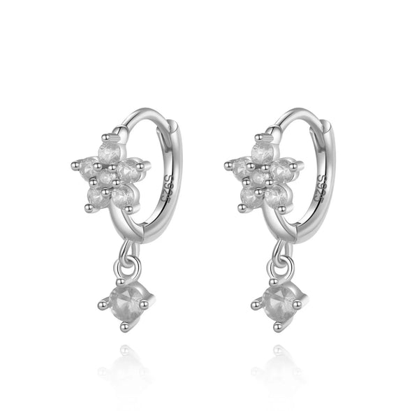 925 Sterling Silver Rhodium Plated Clear CZ Stones Flower with Charm Huggie Hoop Earrings For Kids & Teens