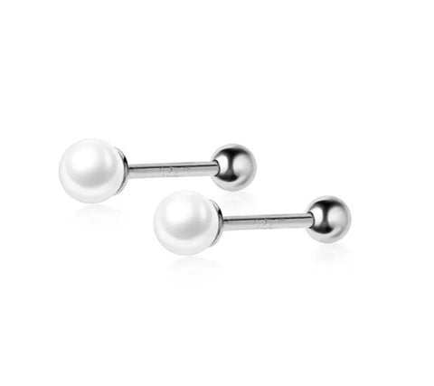925 Sterling Silver Rhodium Plated Pearl Screw Back Earrings for Baby Kids & Teens