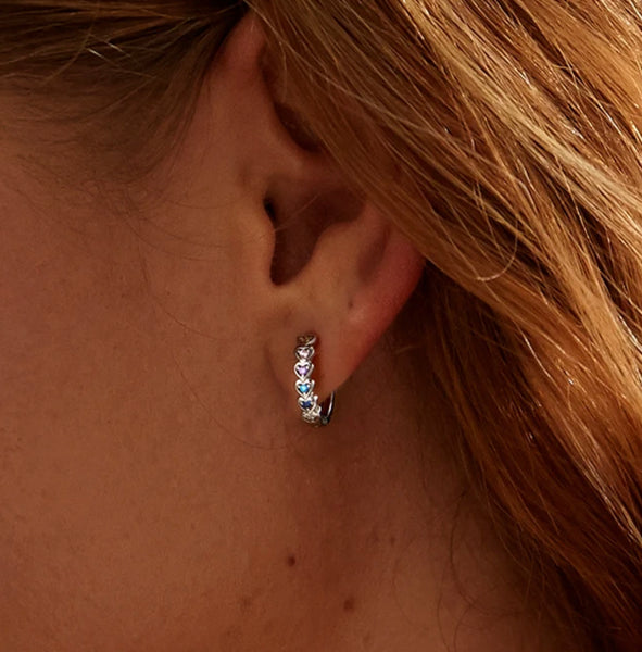 925 Sterling Silver Platinum Plated CZ Stones Colourful Heart Huggie Earrings for Kids & Teens