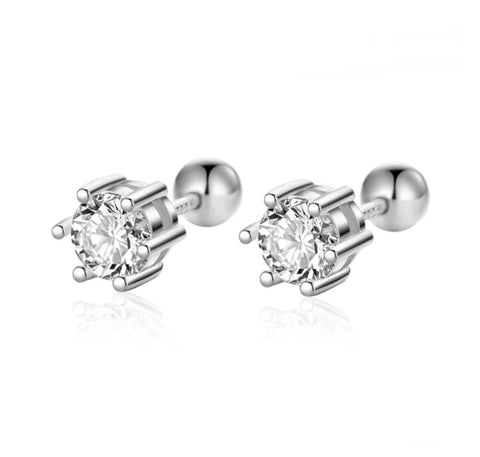 925 Sterling Silver Rhodium Plated 6 mm CZ Stones Screw Back Earrings for Baby Kids & Teens