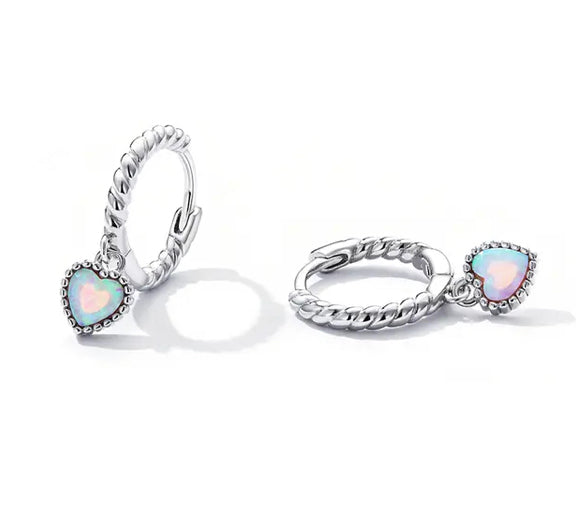 925 Sterling Silver Rhodium Plated, Opal Crystals Heart Huggie Hoop Earrings for Kids & Teens