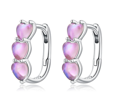 925 Sterling Silver Opal Crystals Triple Heart Huggie Hoop Earrings for Kids & Teens