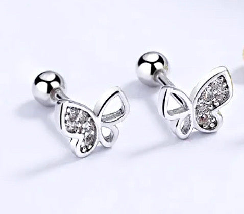 925 Sterling Silver Rhodium Plated Half Pavè CZ Butterfly Screw Back Earrings for Toddler Kids & Teens