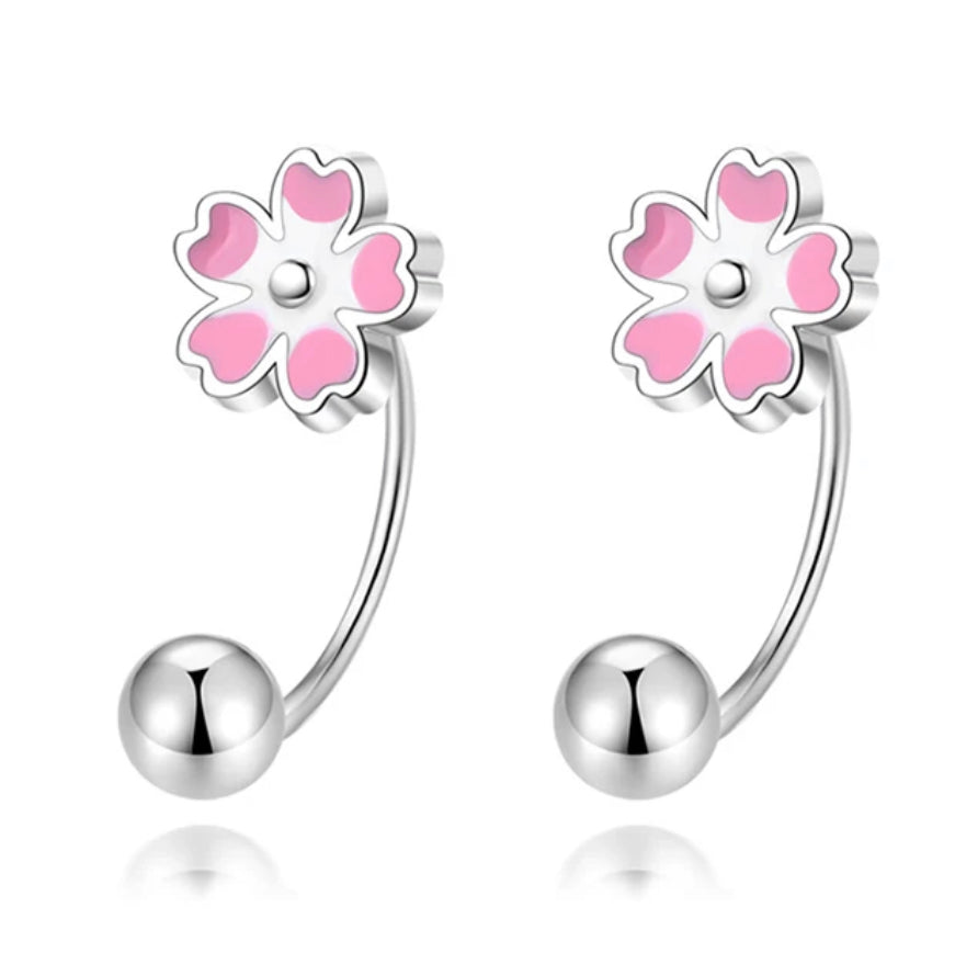 925 Sterling Silver Rhodium Plated Pink & White Enamel Flower Double Charm Double Screw Back Earrings for Kids & Teens