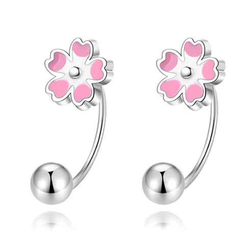 925 Sterling Silver Rhodium Plated Pink & White Enamel Flower Double Charm Double Screw Back Earrings for Kids & Teens