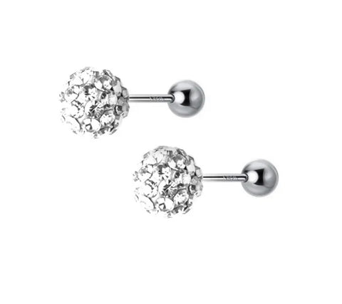 925 Sterling Silver Rhodium Plated White Crystal Stones Round Screw Back Earrings for Baby Kids & Teens