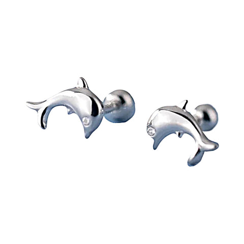 925 Sterling Silver Rhodium Plated Pavé CZ Stones Dolphin Screw Back Earrings for Baby Kids & Teens