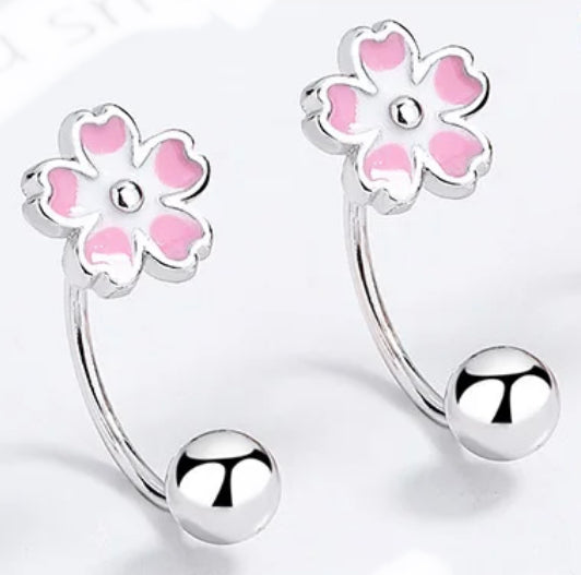 925 Sterling Silver Rhodium Plated Pink & White Enamel Flower Double Charm Double Screw Back Earrings for Kids & Teens