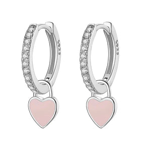 925 Sterling Silver Rhodium Plated CZ Stones Pink Enamel Heart Huggie Hoop Earring for Kids & Teens