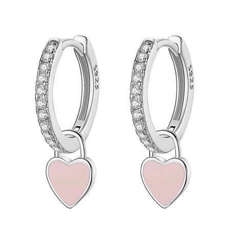 925 Sterling Silver Rhodium Plated CZ Stones Pink Enamel Heart Huggie Hoop Earring for Kids & Teens