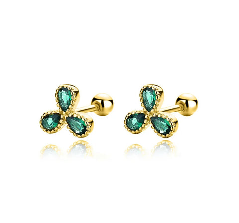 925 Sterling Silver 18K Gold Plated Three Leaf Clover Green CZ Stones Screw Back Earrings for Baby Kids & Teens