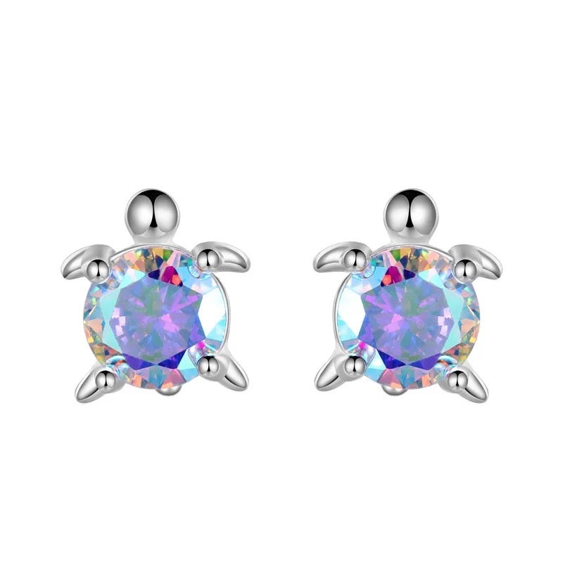 925 Sterling Silver Rhodium Plated CZ Stones Turtle Screw Back Earrings For Baby, Kids, Teens