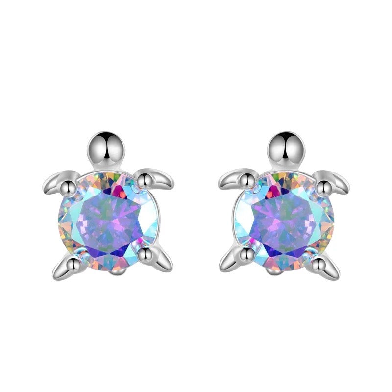 925 Sterling Silver Rhodium Plated CZ Stones Turtle Screw Back Earrings For Baby, Kids, Teens