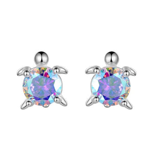 925 Sterling Silver Rhodium Plated CZ Stones Turtle Screw Back Earrings For Baby, Kids, Teens