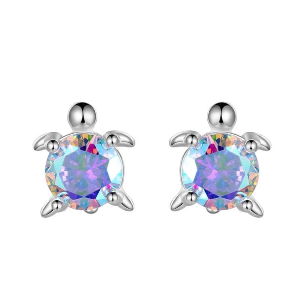 925 Sterling Silver Rhodium Plated CZ Stones Turtle Screw Back Earrings For Baby, Kids, Teens