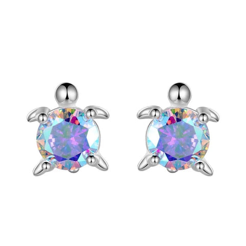 925 Sterling Silver Rhodium Plated CZ Stones Turtle Screw Back Earrings For Baby, Kids, Teens
