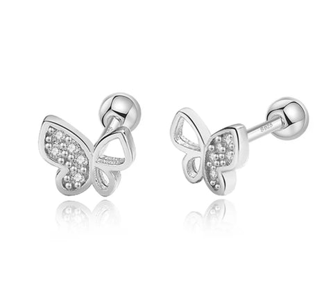 925 Sterling Silver Rhodium Plated Half Pavè CZ Butterfly Screw Back Earrings for Toddler Kids & Teens