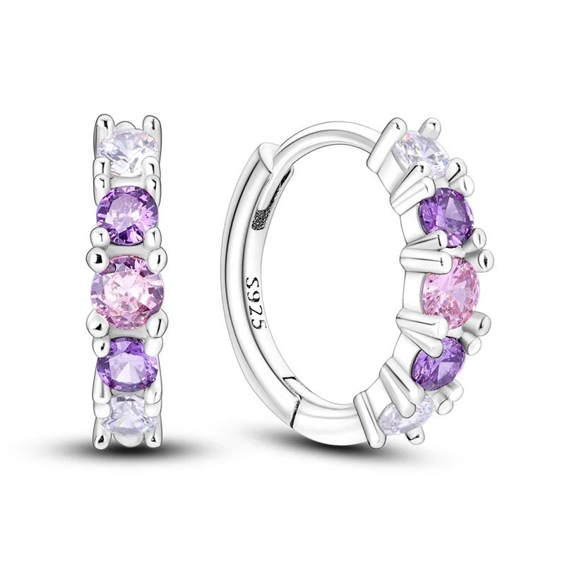 925 Sterling Silver Rhodium Plated Tricolour CZ Stones Huggie Earrings for Kids & Teens