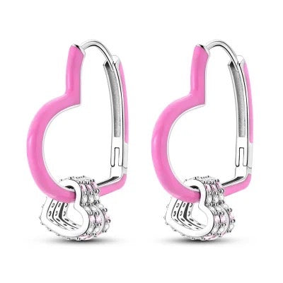 925 Sterling Silver Rhodium Plated Bright Pink CZ Stones Heart Huggie Earrings for Kids & Teens