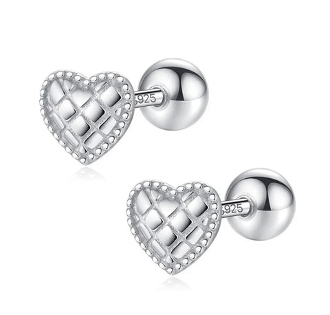 925 Sterling Silver Rhodium Plated Pattern Heart Screw Back Earrings for Baby Kids & Teens