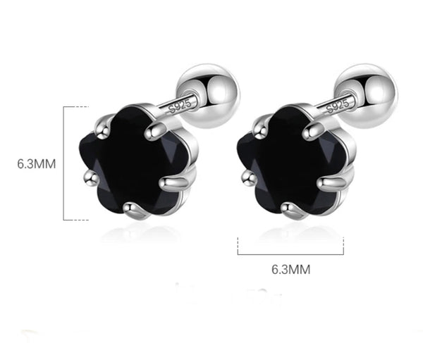 925 Sterling Silver Rhodium Plated 6 mm Black CZ Stones Screw Back Earrings For Baby, Kids, Teens