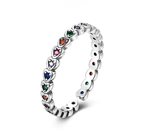 925 Sterling Silver Rainbow Heart CZ Stones Ring for Kids & Teens