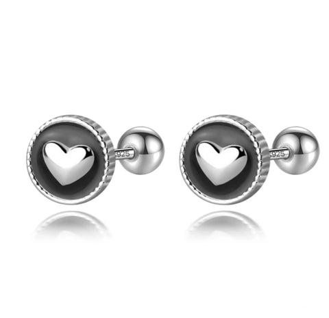 925 Sterling Silver Platinum Plated Black Enamel Heart Screw Back Earrings for Baby Kids & Teens