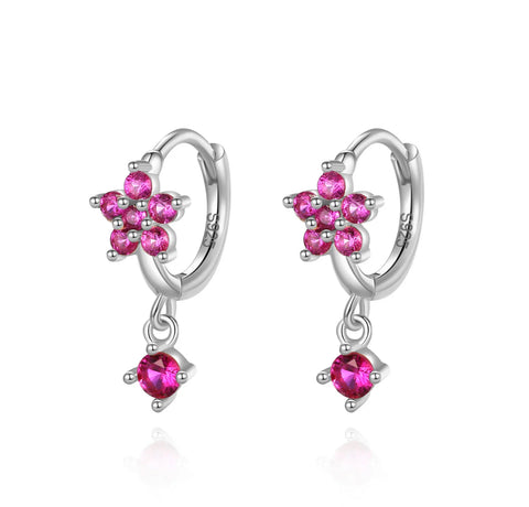 925 Sterling Silver Rhodium Plated Red CZ Stones Flower with Charm Huggie Hoop Earrings For Kids & Teens