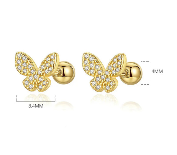 925 Sterling Silver 18K Gold Plated Pavé CZ Stones Butterfly Screw Back Earrings for Baby Kids & Teens