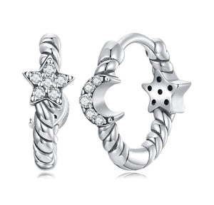 925 Sterling Silver CZ Stones Moon & Star Huggie Hoop Earrings for Toddler Kids & Teens