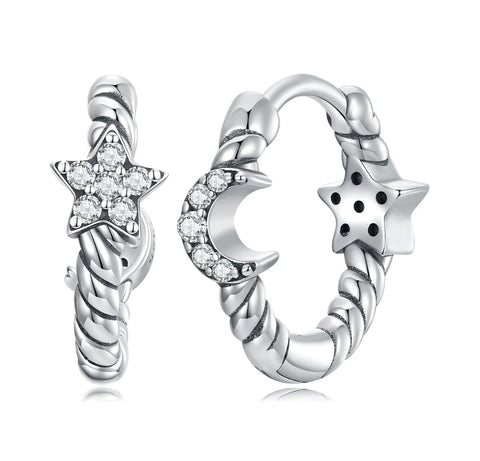 925 Sterling Silver CZ Stones Moon & Star Huggie Hoop Earrings for Toddler Kids & Teens